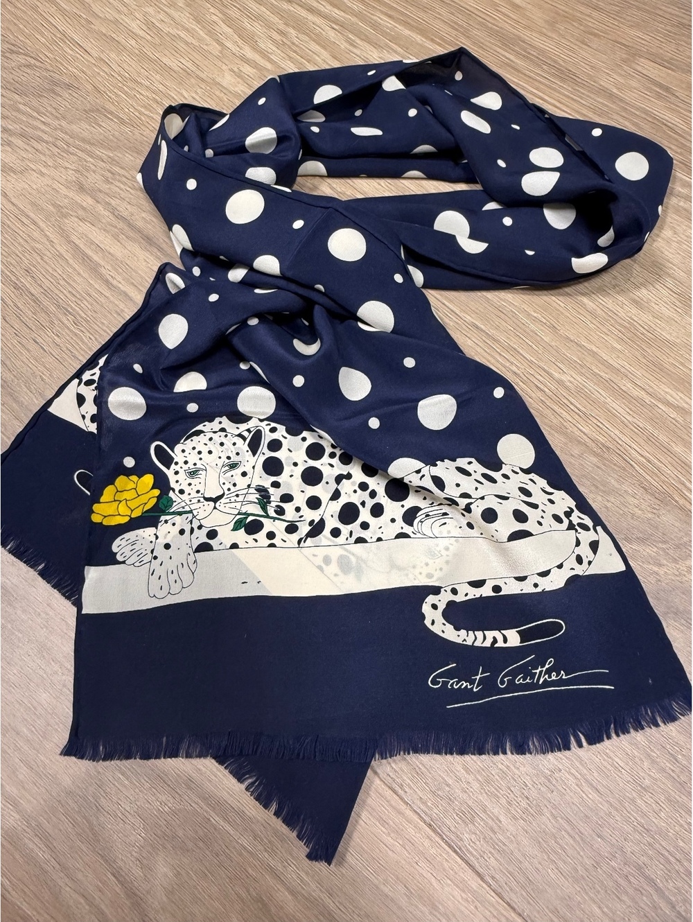 Grant Gaither vintage designer silk scarf Leopard with yellow flower